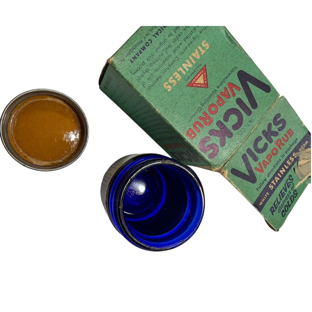 Vintage Vicks VapoRub Cobalt Blue Glass Jar with Original Box
